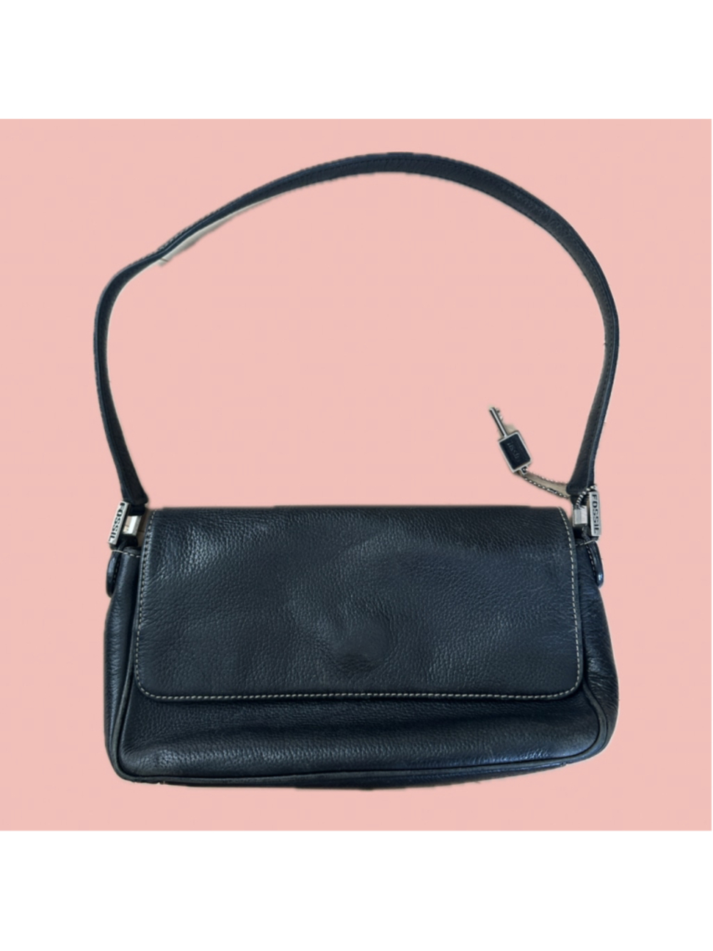 Vintage Fossil Black Leather Single Flap Baguette Shoulder Bag Y2K